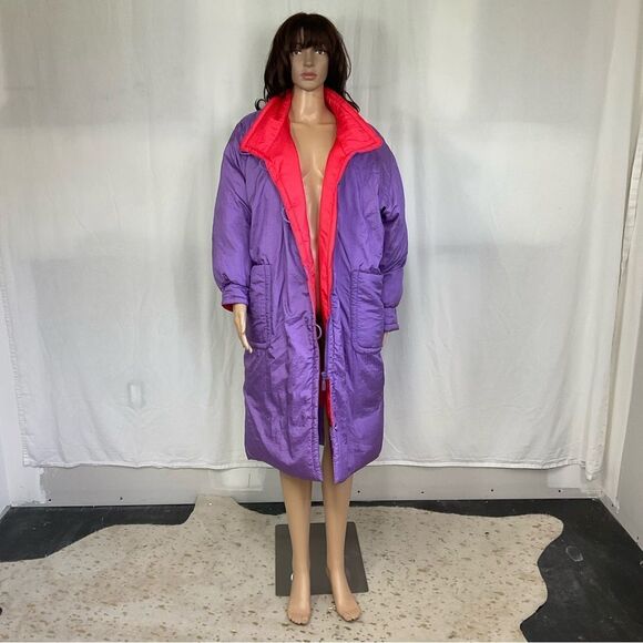 Vintage 80’s Totes Puffer Down Retro Red Purple Mid-Length Parka Coat Jacket M - Picture 2 of 10